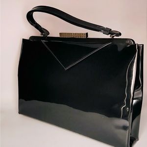 Vintage Crown Lewis Patent Leather Handbag Gold Closure / MCM Black Purse 1950s